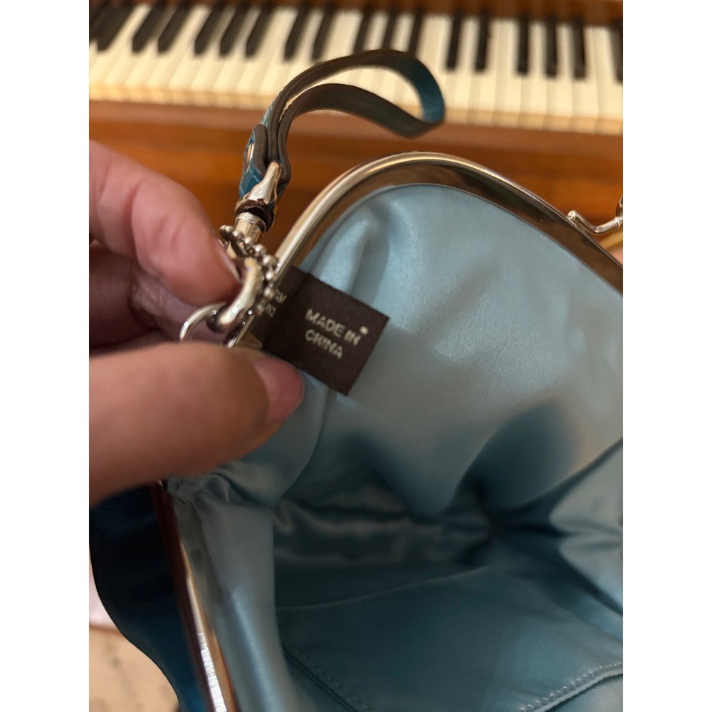 Coach Wristlet Bag Womens Satin Clutch Teal Blue Kiss Lock Vintage Evening Glam - Picture 10 of 10